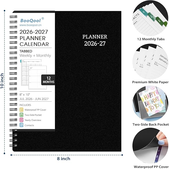 Planner 2026-2027 - Academic Planner 2026-2027 Weekly and Monthly from Jul. 2026 - Jun. 2027, 8" x 10", Wirebound, 12 Monthly Tabs, Flexible PP Cover, Suitable for School & Office, Enterprise