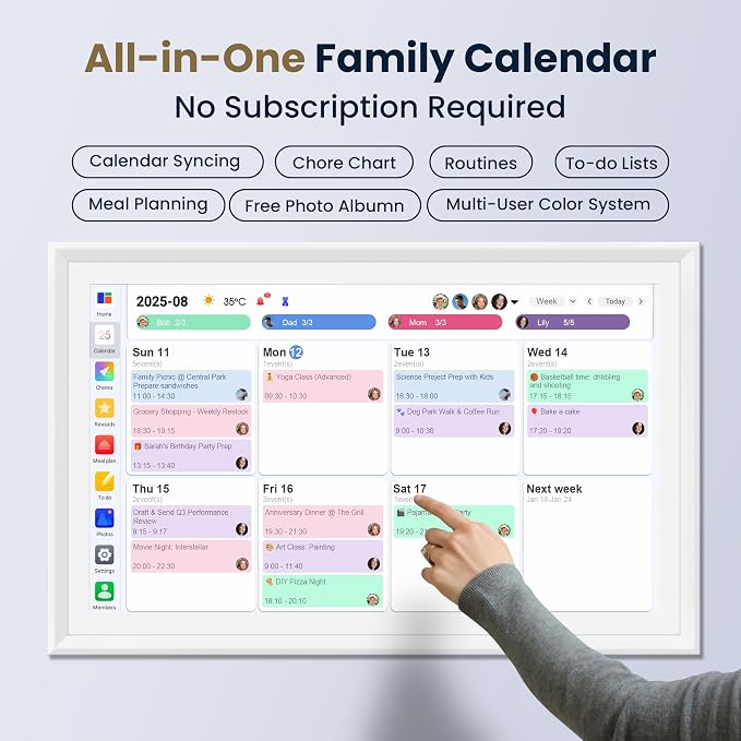 21.5-Inch Smart Digital Calendar & Photo Frame for Family, Large Wall Planner with Auto-Sync to Apple, Google & Outlook, Touchscreen Display with Chore Chart, To-Do Lists & Meal Planner, No Subscription, White Frame