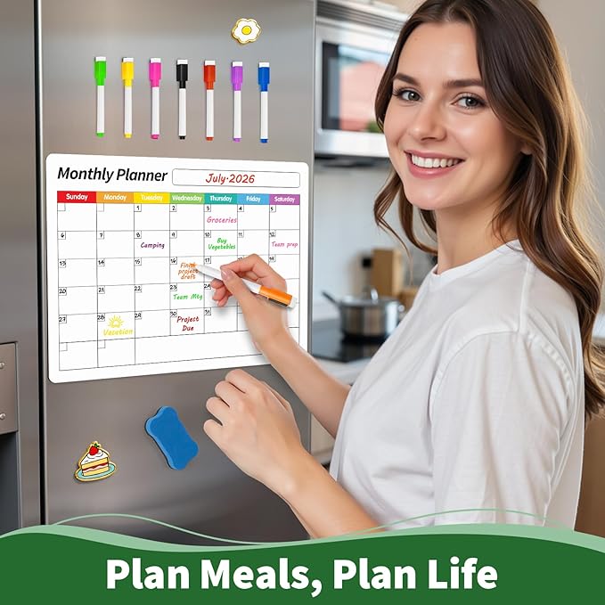 FINDMAG Magnetic Whiteboard for Fridge, 16.5"x11.8" Dry Erase Calendar for Fridge, Monthly White Board Calendar Dry Erase, Planning Boards and Whiteboard Magnetic with 6 Markers & Eraser