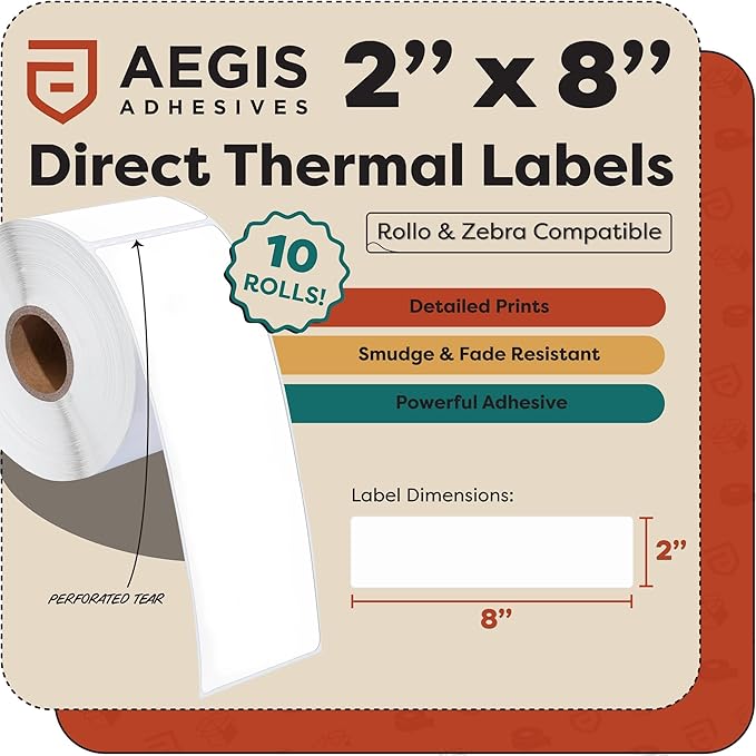Aegis Adhesives - 2" X 8" Direct Thermal Labels (2500 Count, 10 Rolls) - Long Format Barcode Stickers, Routing and Compliance Identification - Compatible with Zebra and Rollo Printers