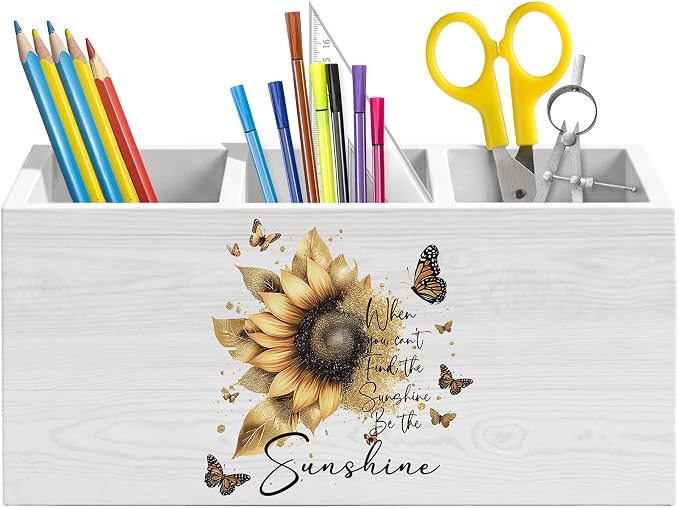 Sunflower Motivational Pen Holder for Desk, Inspirational Gifts for Women, Positive Affirmation Wooden Box Pencil Pen Organizer for Home Office Desk Tabletop
