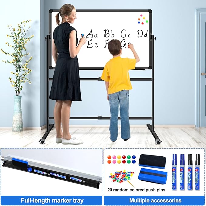 Max-officoo 36"x24" Double-Sided Mobile Whiteboard and Cork Boards with Stand Adjustable Height and Angle Rolling Magnetic Dry Erase Board