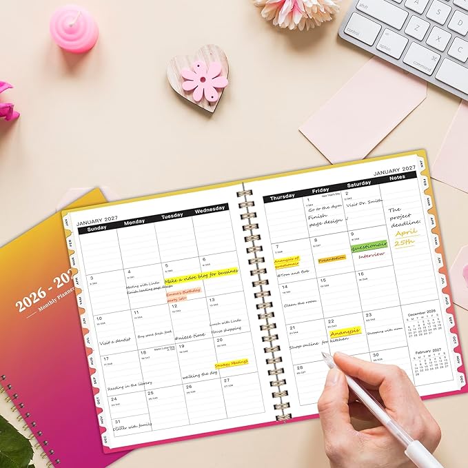 Ymumuda 2026 Monthly Planner - 2 Year Monthly Planner, JAN.2026 to DEC.2027, 8.5" x 11", Large Calendar with Spiral Bound, 24 Coated Tabs,24 Months Perfect for School & Office Schedule, Orange & Pink