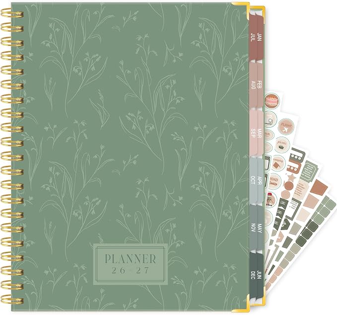GuassLee Large 2026 Academic Planner, Weekly and Monthly Planner from July 2026-June 2027, 8.5"x 11" Aesthetic Greenery Agenda Book with Back Pocket, Stickers, Coated Tabs, A4 Size