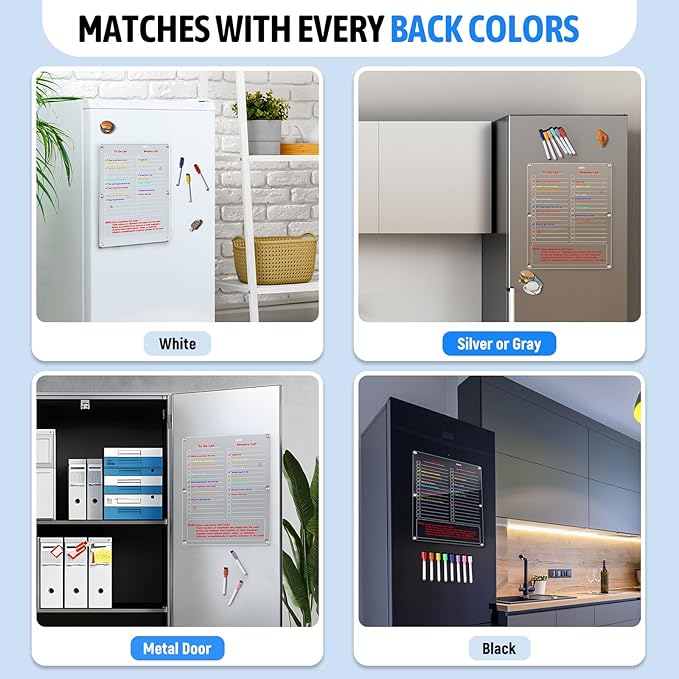 Acrylic Magnetic to Do List Board for Refrigerator, Grocery List Magnet Pad for Fridge with 8 Color Mrakers, Clear Planning Board for Shopping List/Reminders/Events/Meetings-14.5''*11.5''