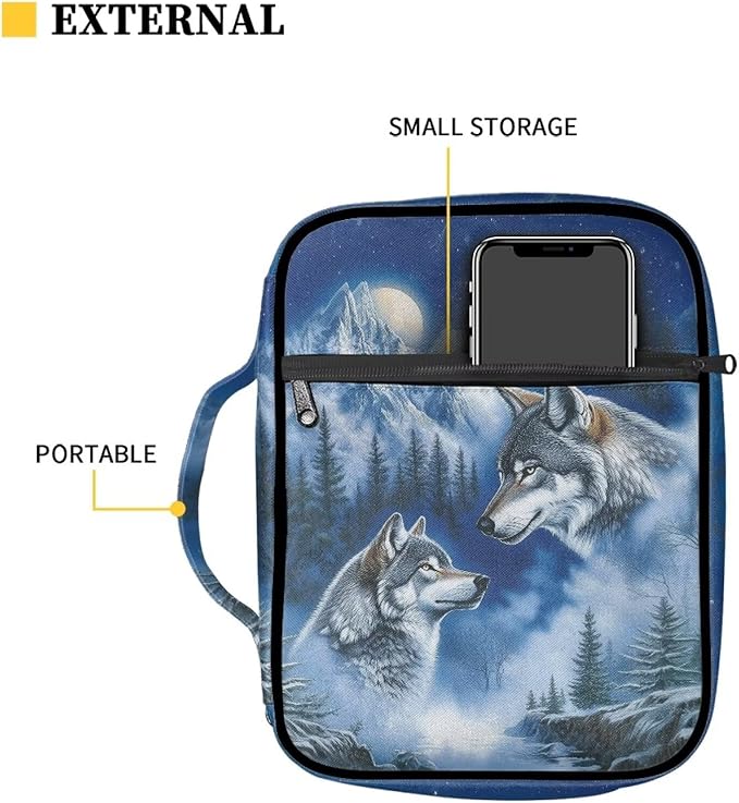 Suobstales Wolf Mountain Forst Moon Print Bible Covers for Women Men Lightweight Bible Bag Bible Accessories with Handle and Zippered Pocket Bible Tote Bag for Kids