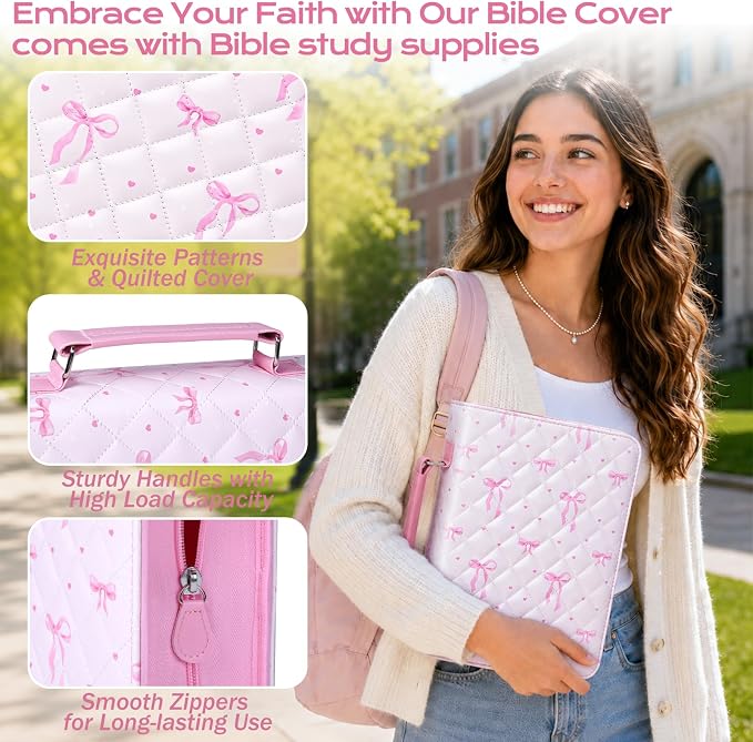 XKDOUS Bible Cover Case for Women Leather Quilted Bible Bag Organizer Large Book Carrying Case with Handle, Pens, Tabs, Study Supplies Journaling Kit Christian Gifts for Mom, Lady