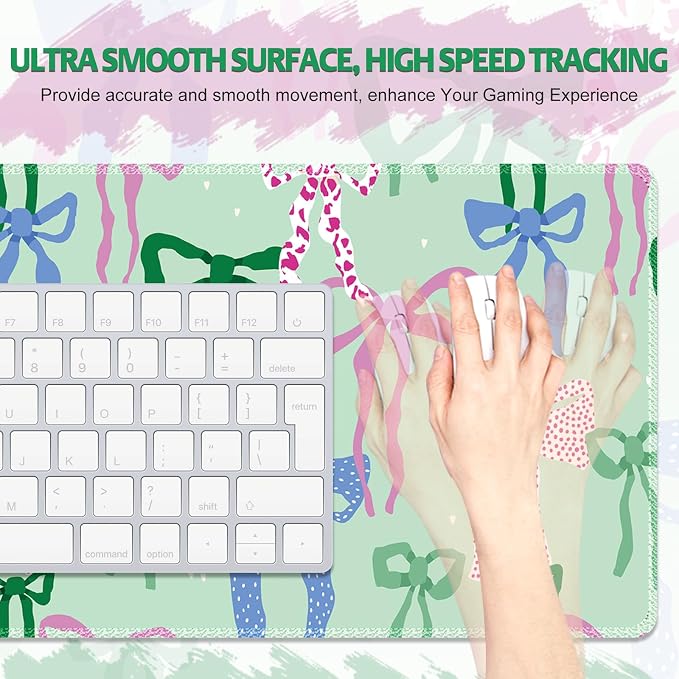 Cute Desk Pad Mouse Pad, Large Gaming Mouse Mat with Stitched Edges, Non-Slip Waterproof Rubber Base Mous Mat for Office Computer Keyboard Laptop Home Decor Women Girl (35.4X17.5 in), Green Pink Bows