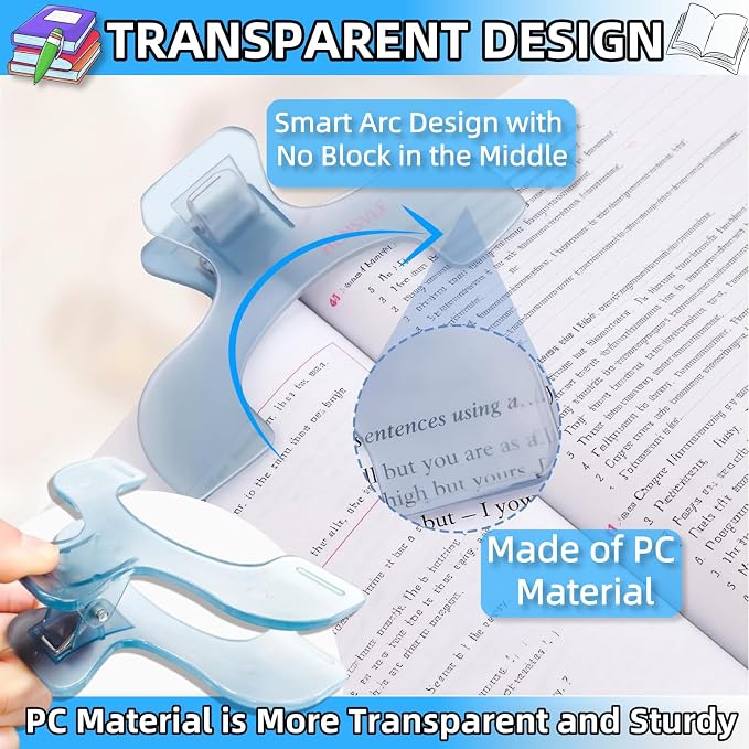 Strong Book Clip 2Pcs Transparent Blue Book Page Holder Clips，Portable Journal Clips to Hold Open，Multifunctional Practical Bookmarks Reading Book Page Holders for Cookbooks, Music Sheets, Documents