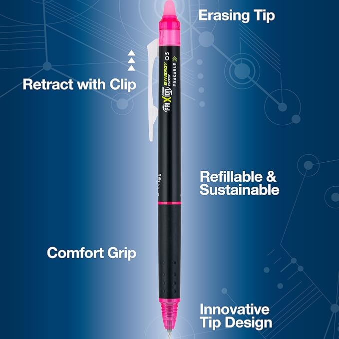 Pilot FriXion Synergy Clicker Erasable, Refillable, Retractable Gel Ink Pens, Extra Fine Point 0.5 mm, Pack of 12, Pink, FriXion Erasable Pens 0.5 - Ideal for School & Office Writing