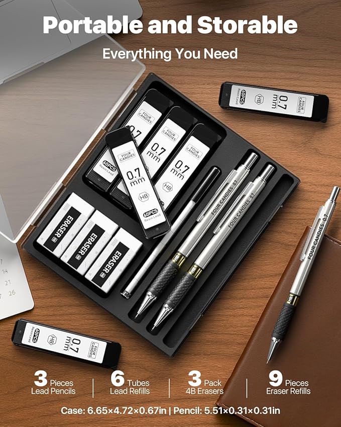 3PCS Metal Mechanical Pencil Set with 0.7mm Medium Point, 360 Leads, 12 Erasers, Art Mechanical Pencils Pack with Storage Case for School Writing, Sketching, Drawing & Professional Drafting