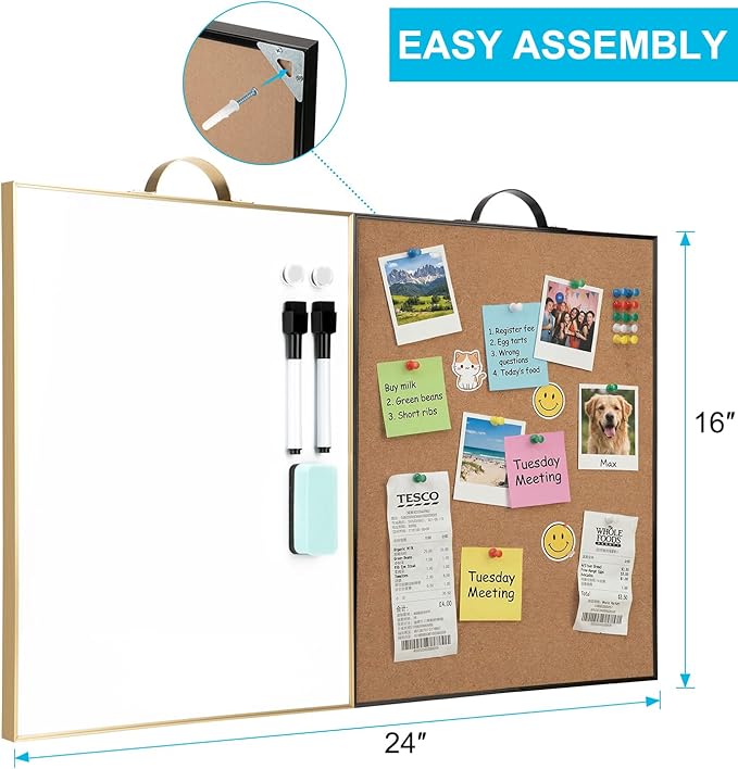 Small Whiteboard Cork-Board Combination for Wall - 16" x 12" Portable Aluminum Frame Magnetic Dry Erse Board Mini Bulletin Cork Board 2 Pack with Holder for School, Office, Home