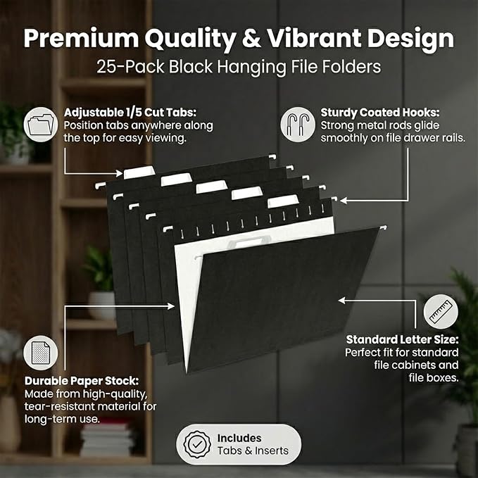 VZCPYTPM 25 Pack Hanging File Folders,Letter Size 8.5x11 Inch,Black Hanging Folders for Filing Cabinet,Reinforced Rods for Smooth Gliding,1/5 Adjustable Tabs & Inserts,Ideal for Home,Office & School