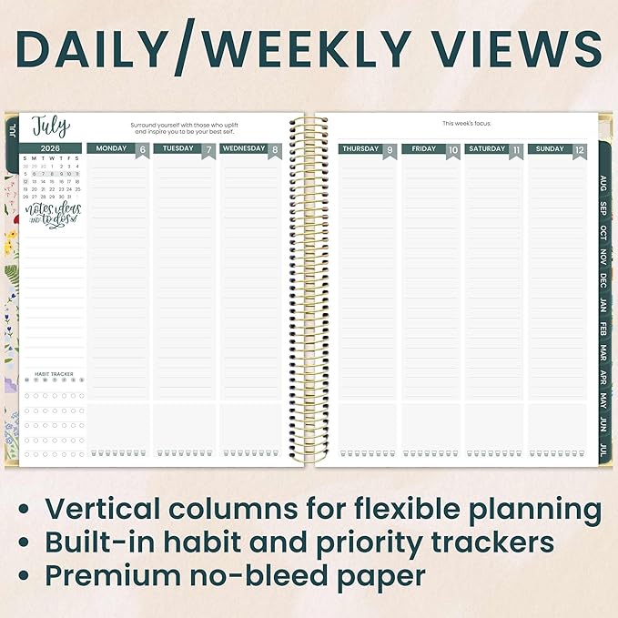 bloom daily planners 2026-2027 Hardcover Academic Year Goal & Vision Planner (July 2026 - July 2027) - 13 Months Agenda - Monthly & Weekly Calendar Organizer - 7.5" x 9" - Garden Party, Beige