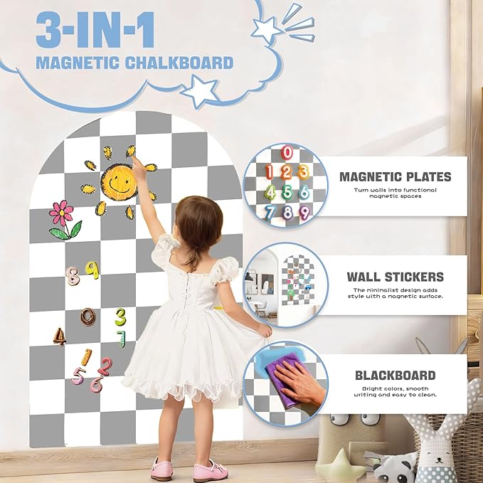 Magnetic Chalkboard Wall Decal 24''x40'' Arch - Removable Reusable Peel and Stick (No Wall Damage) Extra Strong Magnetism - Easy Clean Chalkboard for Home Office Playroom (Grey White Checker)