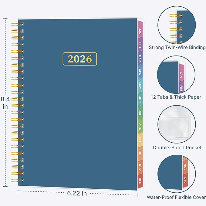 2026 Appointment Book, 30 Minutes-Hourly, Weekly ＆ Monthly Calendar Planner 2026, Jan 2026 - Dec 2026, 6.2'' x 8.4'', 2026 Daily Planner with Tabs ＆Pocket, Flexible Cover, Great for Office, Home, School