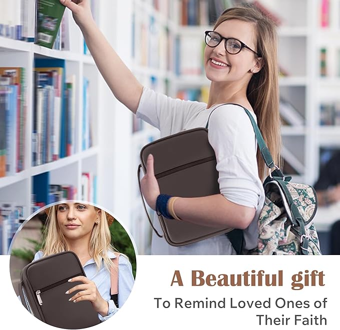 Small Bible Cover Case for Women and Men, 9x6 PU Leather Bible Sleeve, Compact Travel Bible Carrier Bag with Front Pen Holders, Zipper Closure, Inner Pockets - Coffee Brown