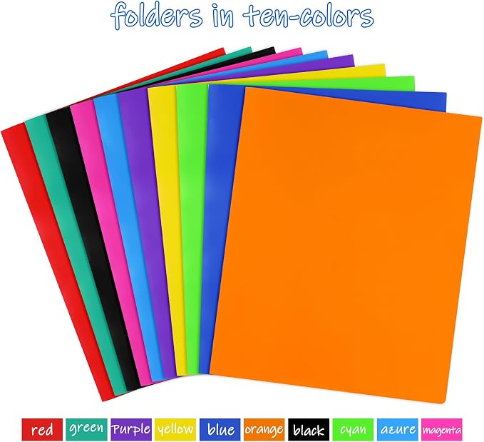 Feosky 12pcs Plastic Folders with Pockets, Heavy Duty Plastic Two Pocket Folder, File Pocket Folders for Office and School, Letter Size, 12 Assorted Colors