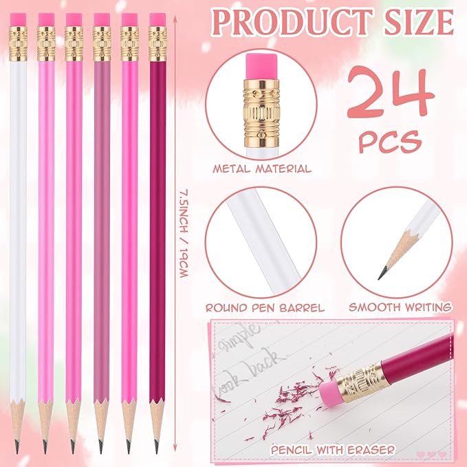 24 Pcs Round Pencils with Eraser 2 HB Cute Pencils Bulk for School Graphite Wood Color Unsharpened Pencil for Drawing Sketching Wedding School Teacher Supplies Student Reward(Light Pink)