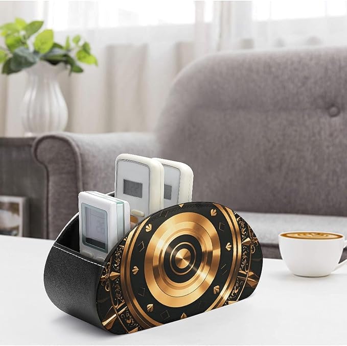 Gold Black Wallpaper Remote Control Holder PU Leather Remote Caddy TV Remote Storage Box with 5 Compartments Pencil Storage Box Makeup Brush Holder Office Supplies