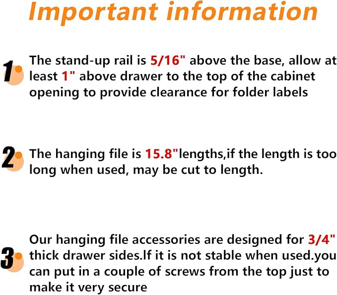 Tenare 4 Pieces Hanging File Rails PVC Black File Rails Hanging System Keeping Your Folders Neat and Organized(3/4 Inch Drawer Sides 15.8 Inch Long)