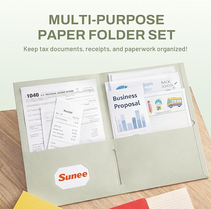 SUNEE Folders with Pockets (25 Pack, Grayish Green), 2 Pocket Folders Fit Letter Size, Paper File Folder for School Office Home Business, Textured Paper