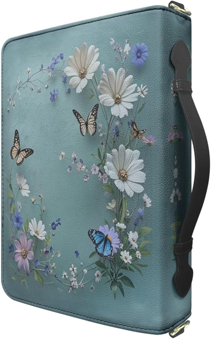 Extra Large Bible Carrying Case for Women, Blue Bible Cover with Strap & Handle, Butterflies and Daisies Print PU Leather Biblia Organizer with Inner Pockets & Pen Loop, Church Bags for Women