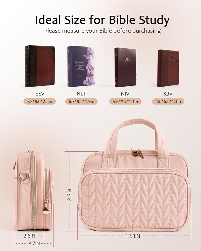 BellaHold Bible Cover Case for Women, Large Bible Bag with Study Supplies, Bible Journaling Kit with Highlighters and Pens No Bleed, Christian Gift for Women (Shoulder Strap, Light Pink)