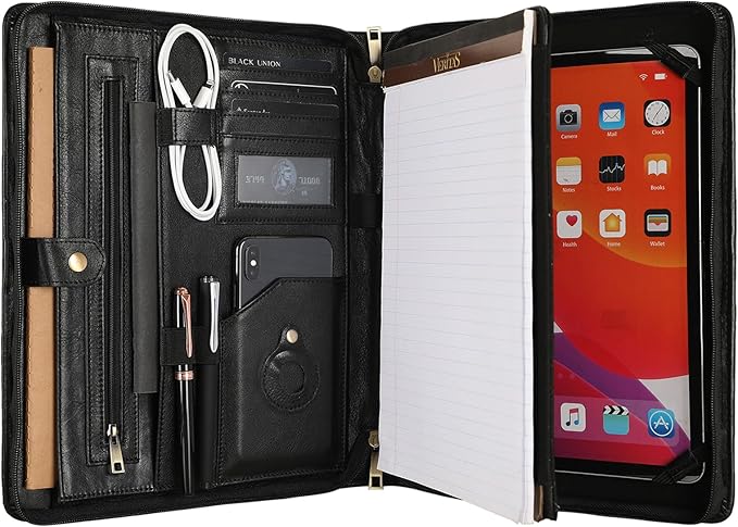 Leather Portfolio for 13 inch iPad Pro M4 (2024), Business Tablet Portfolio for Men, Personalized Padfolio, Engraved Portfolio Folder for A4 Notepad (Oil Black, Custom)