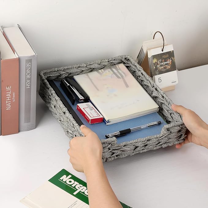 BTSKY Plastic A4 Paper Tray Organizer for Desktop Accessories, Hand-Woven File Holder with Sturdy Frame, All-in-One Storage for Letters, Magazines and Notebooks, Office and Home Supplies, Grey