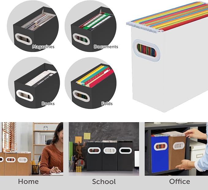 Collapsible File Organizer Box with Handle – Cardboard Hanging File Folder Storage Crate for Desk, Office, School, or Home – Colorful Portable Filing Box, Document Organizer, Magazine Holder