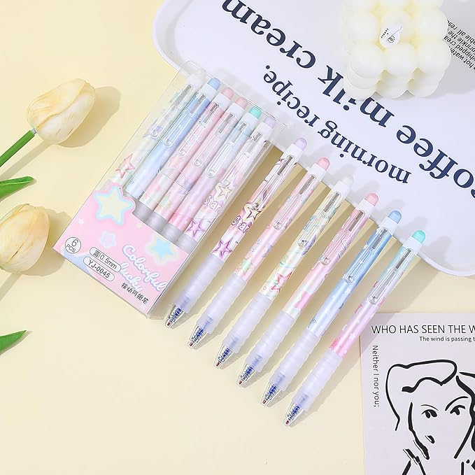 6pcs Erasable Pens 0.5mm Blue Gel Ink Pens Retractable Mistake-Free Smooth Writing Pens with Erasers for Women Men Office Supplies (Star 6pcs, Blue)