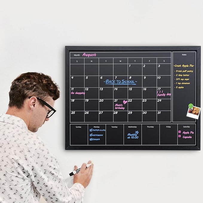 3-in-1 Chalkboard Calendar for Wall, Magnetic Monthly & Weekly Calendar, 31.5x23.6 inches Blackboard for Wall with Black Wood Frame, Hanging Chalkboard for Decor/Memo(YL+ZL-HB-BK,6080)