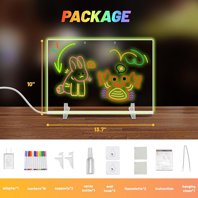 19 Highlighter,Led Note Board with Colors,13.8"X10",4 Modes & 7 Colors Lumiboard Led Drawing Board for Kids,Light Up Sign,Acrylic Dry Erase Board with Stand,Include Adapter,Hanging Chain,Spray Bottle