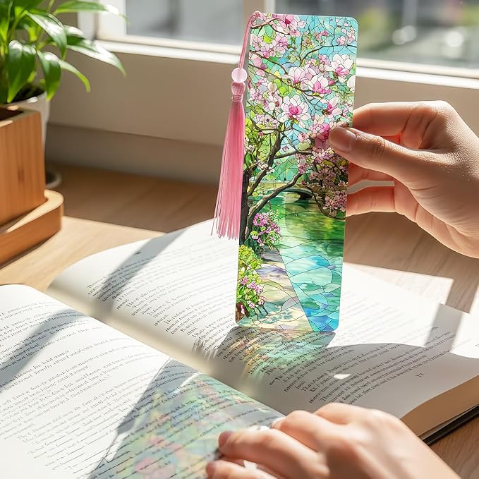 4 Pcs Seasons Transparent PVC Bookmarks with Tassels, Stained Glass Art Bookmark Gifts for Women Men, Elegant Book Loves Accessories, Fantasy Reader Gift for Bookish Men