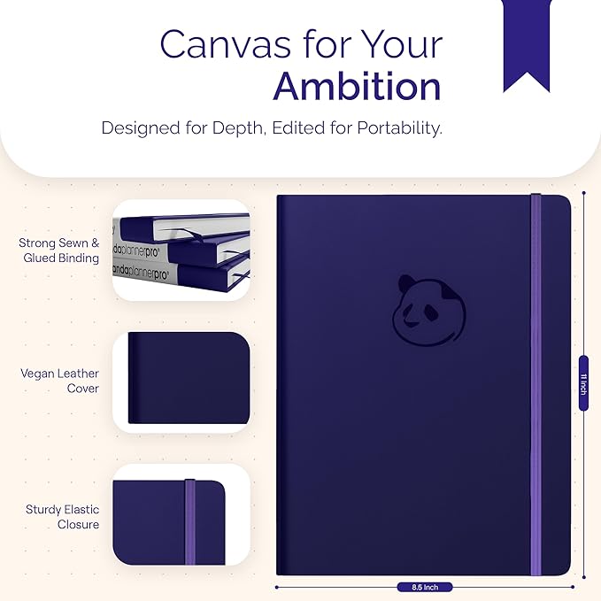Panda Planner Pro A4 Daily Planner 2026 – 6 Month Undated Planner with Hourly Schedule, Large 8.5x11 Layout, To Do List, Daily Journal, Goal Planner, Habit Tracker & Gratitude Organizer for Home/Office – Purple