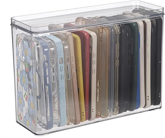 BTSKY Clear Phone Case Organizer Stackable Storage Box with Lid for Cell Phone Cases Multifunctional Phone Case Storage Holder for Desk Accessories Plastic Storage Box for Table, Cupboard, Cabinet