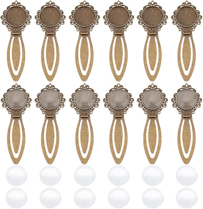 NBEADS 24 Pcs Antique Bronze Bookmark Pendant Tray Kit, Including 12 Pcs Tibetan Style Bookmark Cabochon Settings 12 Pcs Dome Transparent Glass Cabochons for Reading Gift Crafting DIY Bookmark