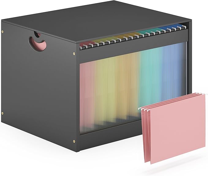 Hanging File Box Organizer for Letter Size, Bamboo Acrylic File Folder Storage with Lid Clear Moving Boxes Wooden with Handle Desktop Filing Holder for Office Banker Document