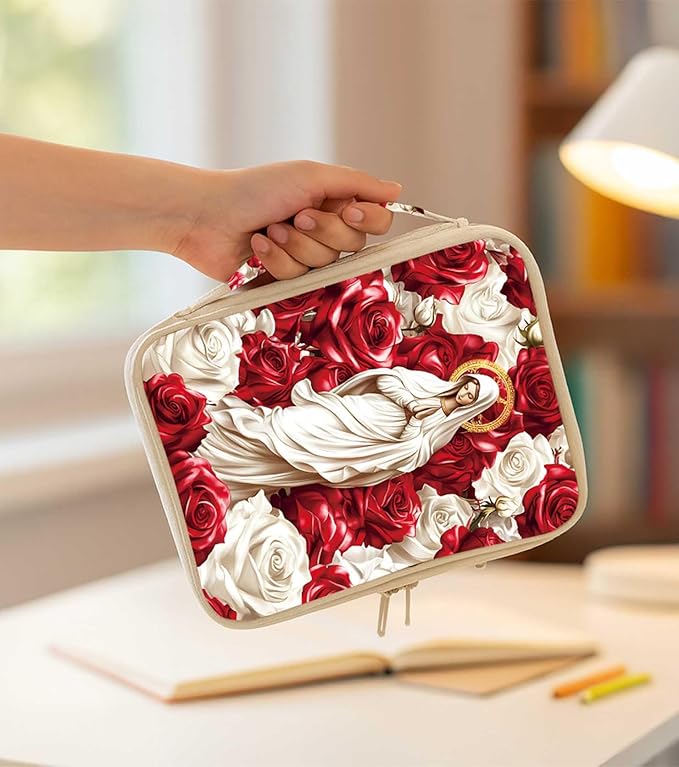 Virgin Mary Bible Cover for Women | Red and White Roses Scripture Case with Zipper and Handle | Large Polyester Bible Bag with Pockets for Church, Study & Travel | Christian Gifts for Women