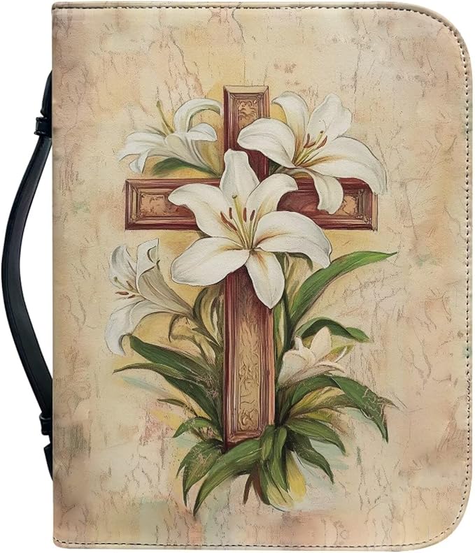 White Flower Print Bible Case,Cross Style Leather Bible Covers for Women,Bible Study Accessories Supplies,Book Protector Bible Case-Size：XL