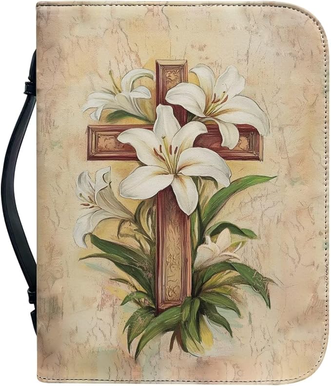 White Flower Print Bible Case,Cross Style Leather Bible Covers for Women,Bible Study Accessories Supplies,Book Protector Bible Case-Size：XL