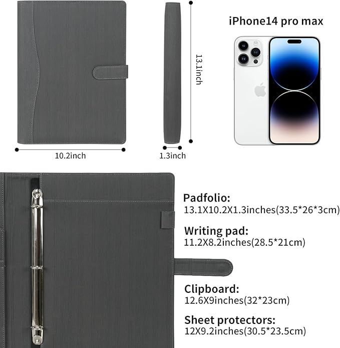 Wonderpool A4 PU Leather Portfolio Holder Ring File Document Case with Removable Binder Clipboard, Multi Pocket and Legal Pad for Business Organizer Interview and Meeting (Gray)