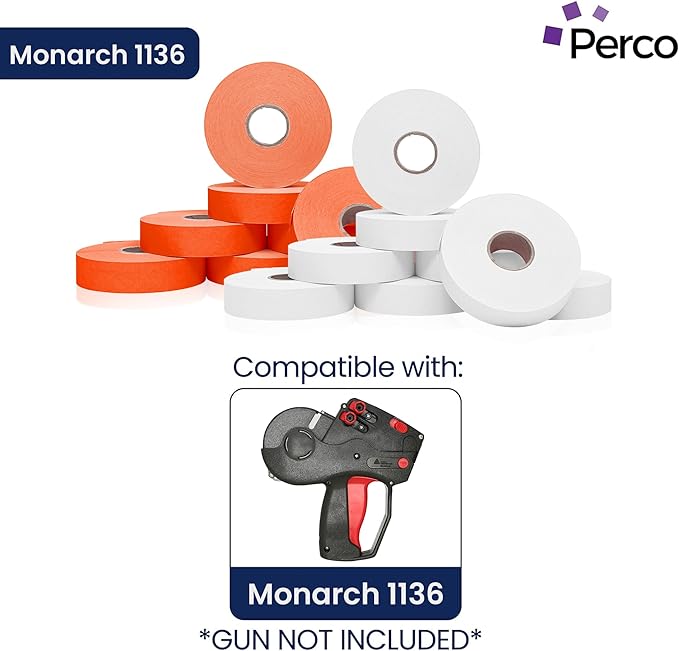 Perco White & Red Pricing Labels for Monarch 1136 28,000 Labels, 2 Sleeves, 16 Rolls Combo Pack Includes Label Scraper & Ink Rolls