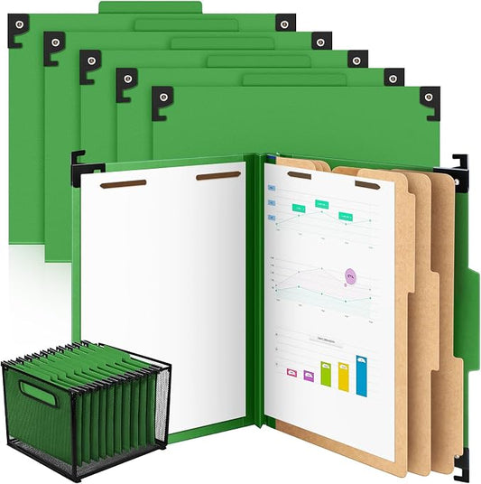 Henoyso 10 Pcs Hanging Classification File Folders, Letter Size Green Pressboard Folders with 3 Dividers, 8 Fasteners, 4 Inch Expansion, 1/3-cut Top Tab for Medical Records and File Cabinet Organizer