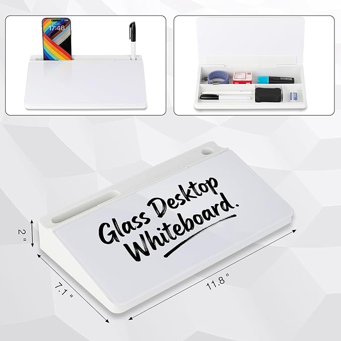 11.8×7” Small Glass Desktop Whiteboard, Dry Erase Note Memo Board, Desk Organizer with Storage for Desk, Office, School Supplies, White, 2026