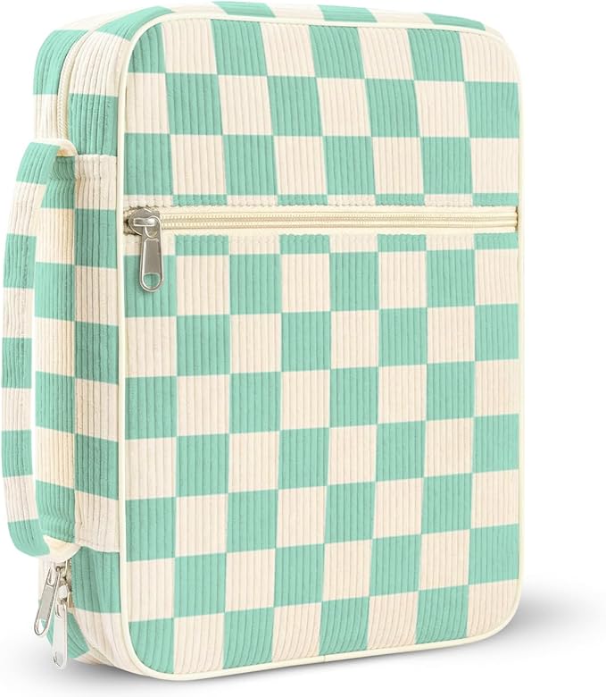 WOBAGMEN Bible Cover Case for Women,Cordoury Bible Cover with Handle,Green Checkered Bible Book Cover,Carrying Case Bible Protective Christian Gift(Green Plaid, M)