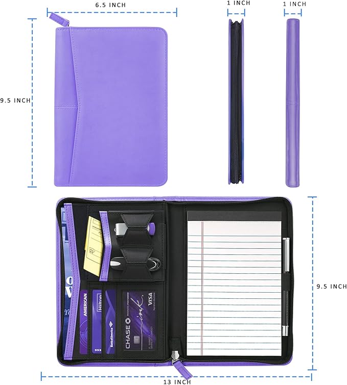 Junior Padfolio/Resume Portfolio Binder with Refillable Lined Notepad, A5 Padfolio Folder, Business Portfolio, Multi-Function Case, A5 Writing Pad Included, Purple