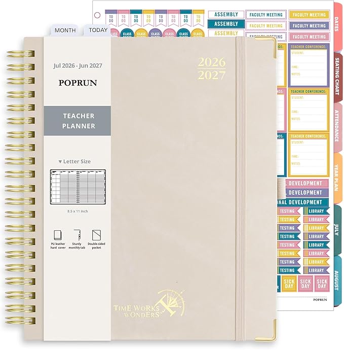 POPRUN Teacher Planner 2026-2027 Academic Year, Large Size 8.5"x 11", Monthly and Weekly Calendar, July 2026 - June 2027, Plan book with Hardcover, Spiral Bound, School Supplies for Classroom - Beige