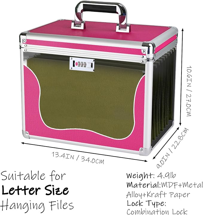 File Storage Cabinet for Letter Size Hanging File Folders, Suspension File Holder, Document Organizer Filing Lockbox in Office and Home with Combination Lock and 10-pack Hanging Files (Pink, Letter)